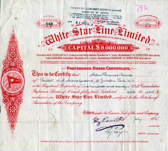 White Star Lines Stock Certificate