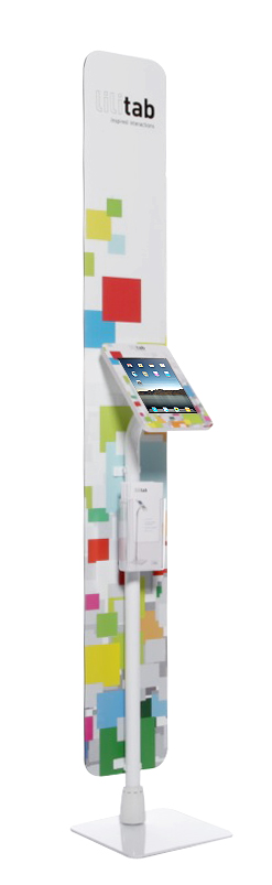 Lilitab iPad kiosk with branded faceplate graphics and backdrop