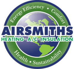 Circular grean and white Airsmiths logo reading heating, air conditioning, and insulation in Sacramento CA.
