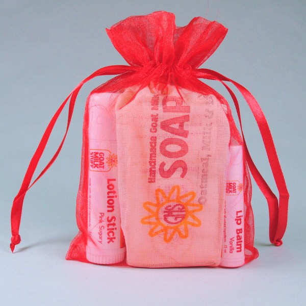 Goat Milk Stuff Beauty Packs with scented soap, body lotion stick and lip balm, makes a great Valentine's Day present.