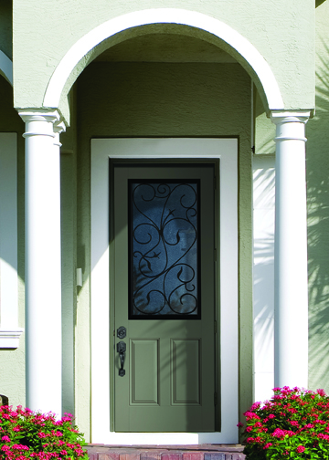 8-foot tall Classic-Craft Canvas Collection fiberglass entry door with Augustine decorative glass.