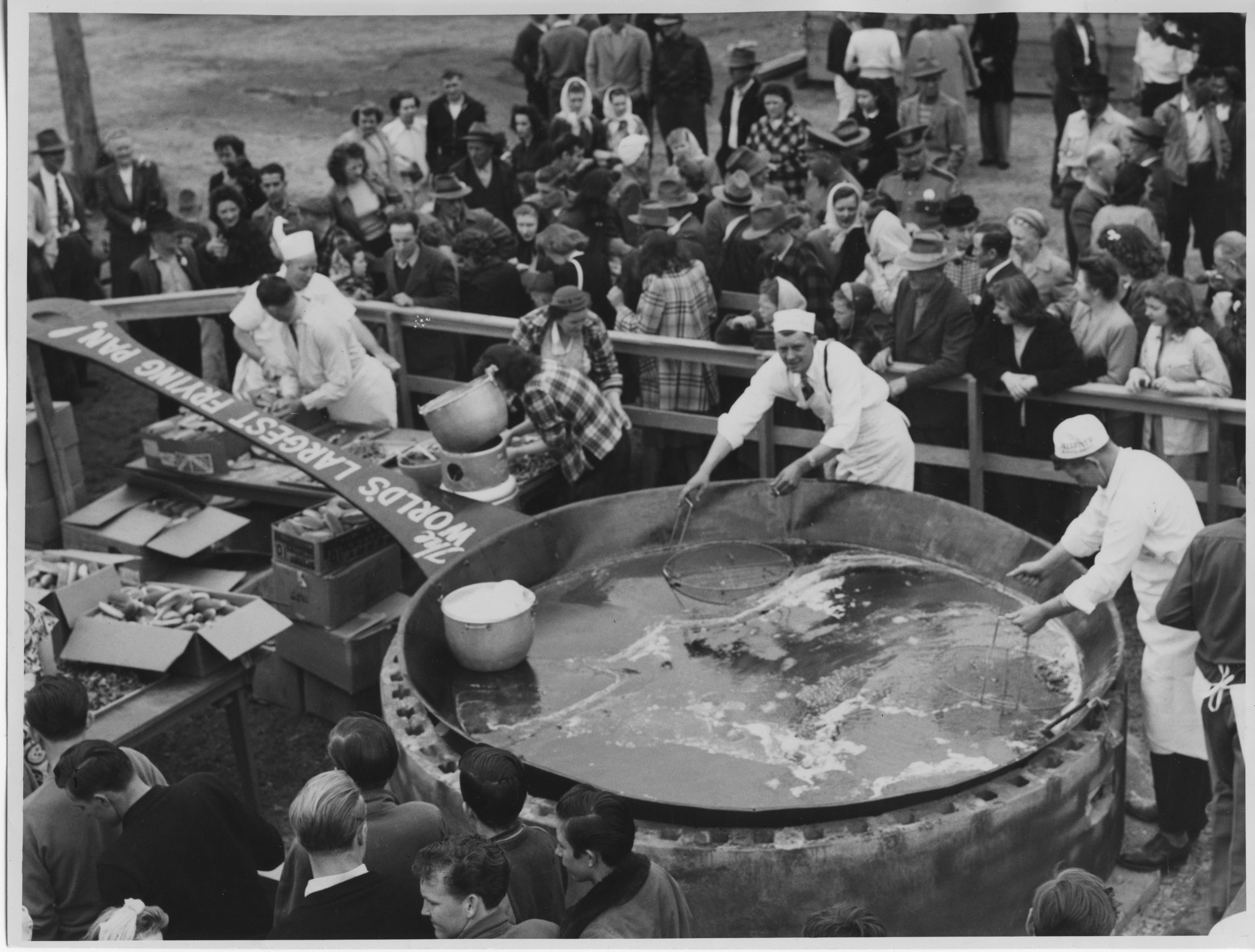 In the 1940s, the World's Largest Clam Pan was used to fry razor clams during the Long Beach Clam Festival. Photo credit: Columbia Pacific Heritage Museum.