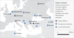 Map of Poliya composite resins and polymers, manufacturing locations and offices