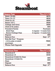 Colorado Ski Pass Pricing Table For Steamboat Springs Co