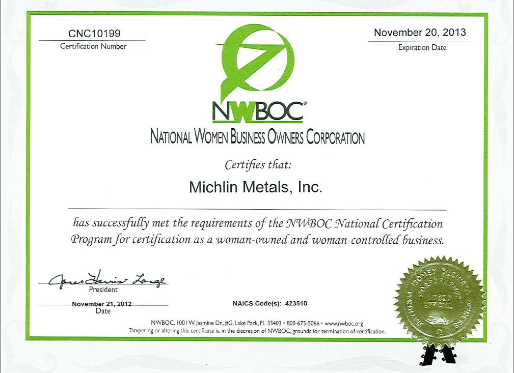 Michlin Metals is a Certified Woman Owned Small Business
