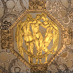 Eglomisé panel created in 22 karat gold leaf, moon gold and palladium.