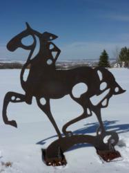 Steel piece by Janene DiRico, many time return guest at Rainbow Trout Ranch, Iron Horse selected to display in Colorado Springs.