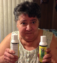 Woman holding bottle of IPF-Pain Relief Lotion says "'It stops the hurting'"