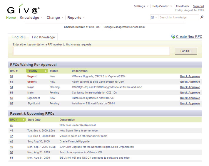 Giva eChangeManager Dashboard Homepage