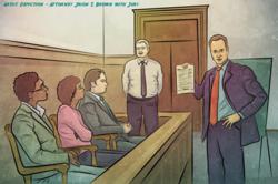 Artist Depiction of Trial Attorney Jason  T. Brown with Jury