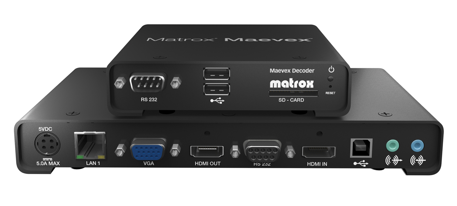 Matrox Maevex™ Encoders and Decoders enabling the extension of Full HD quality video over standard IP networks.