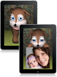 GeriJoy Companion: Two illustrations of the GeriJoy Companion running on a tablet: one striking a pose and the other showing an example of a family photo.