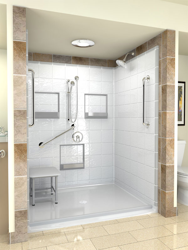 Wheelchair access shower with a seat