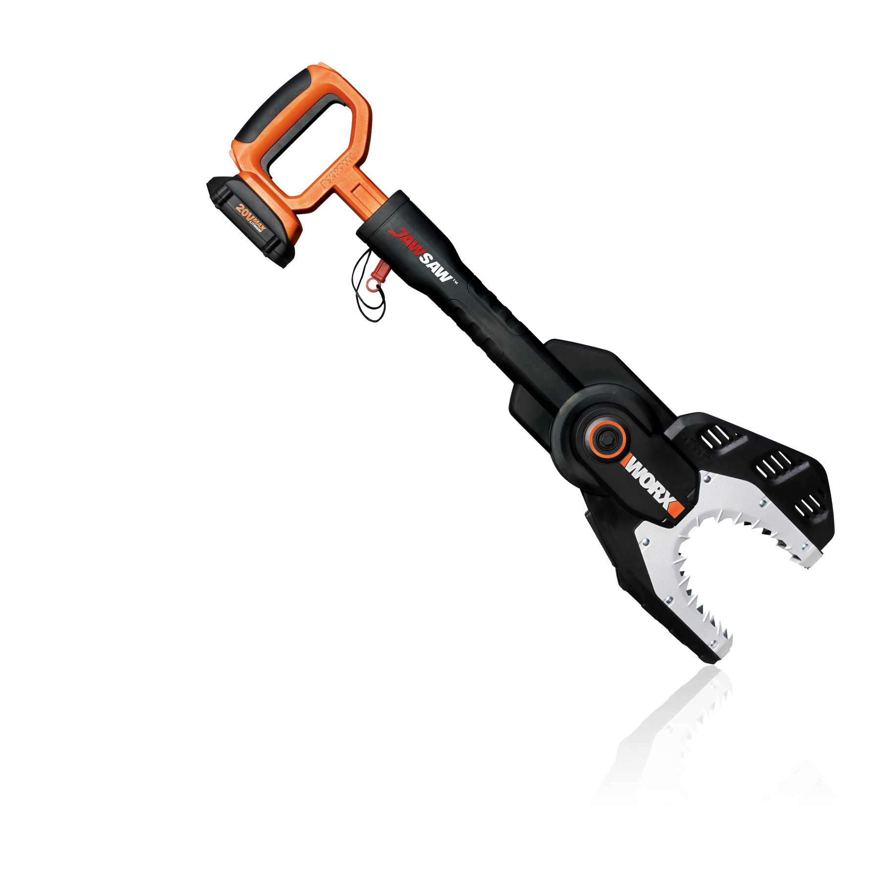 WORX 20V MaxLithium JawSaw cuts  branches up to 4 inches in diameter.