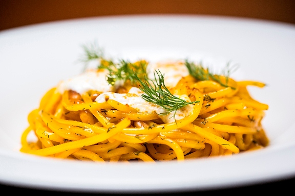 Chitarra Spaghetti with Burrata, Pine Nuts, Dill, Bottarga & Saffron