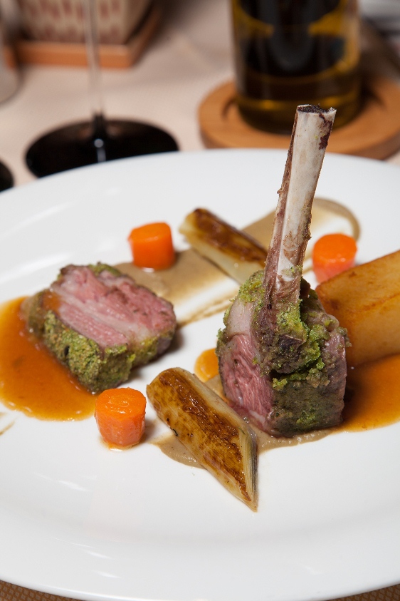 Rack of Lamb, Herb Crust, Mint Eggplant, Leek, Potatoes, Mustard