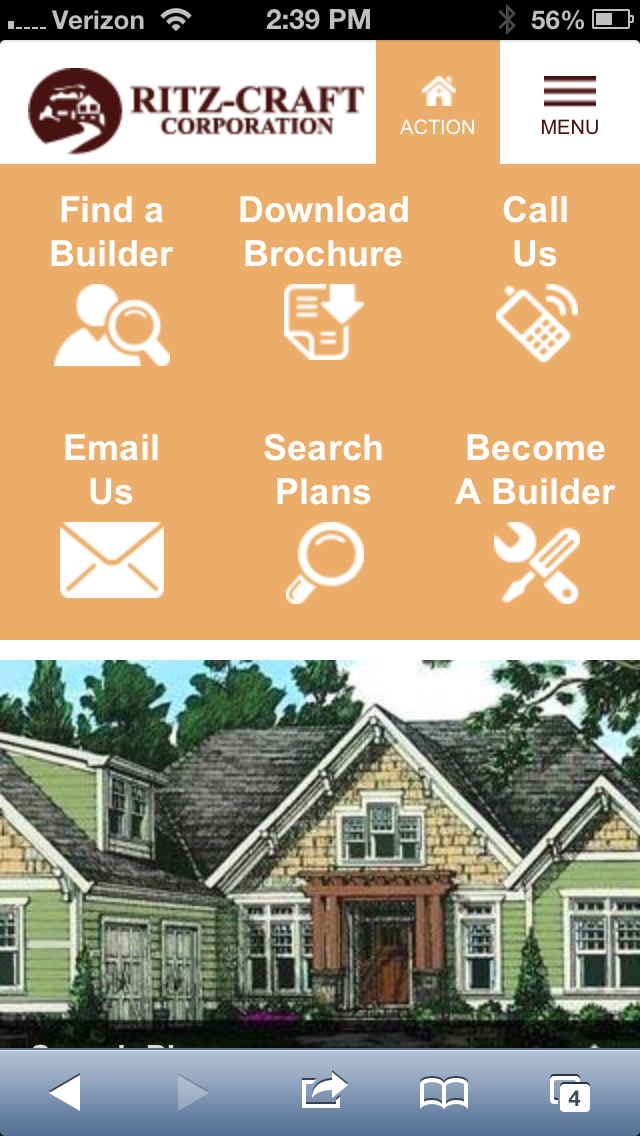 This screenshot of Ritz-Craft's mobile-optimized website showcases the navigation features available from a mobile device.