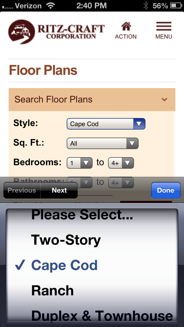 This screenshot of Ritz-Craft's mobile-optimized website serves as a preview of the mobile floor plan search.