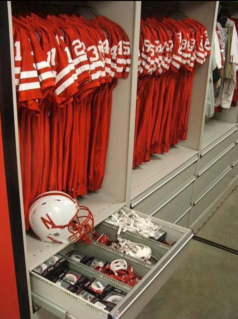 University of Nebraska football equipment storage.