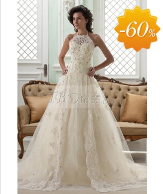 Amazing A-line High-Neck Sleeveless Floor-Length Court Appliques Color Wedding Dress