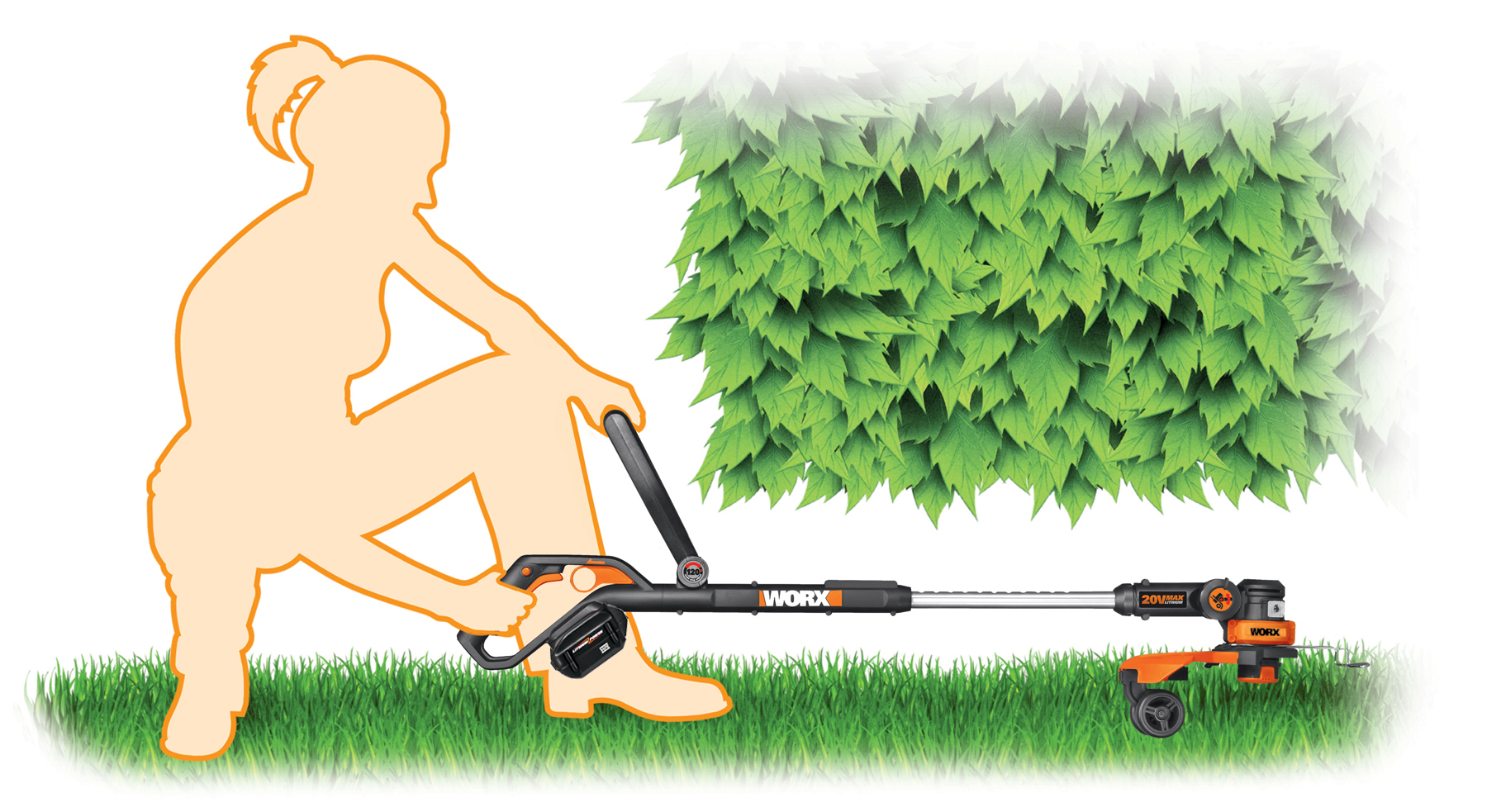 WORX 32V Max Lithium GT 2.0 Trimmer easily maneuvers under hedges.