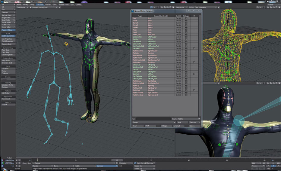 Easily adjust arm and leg mocap positions and layer hand-keyed animation on top of motion capture files with the NevronMotion Plugin for LightWave 11.6.