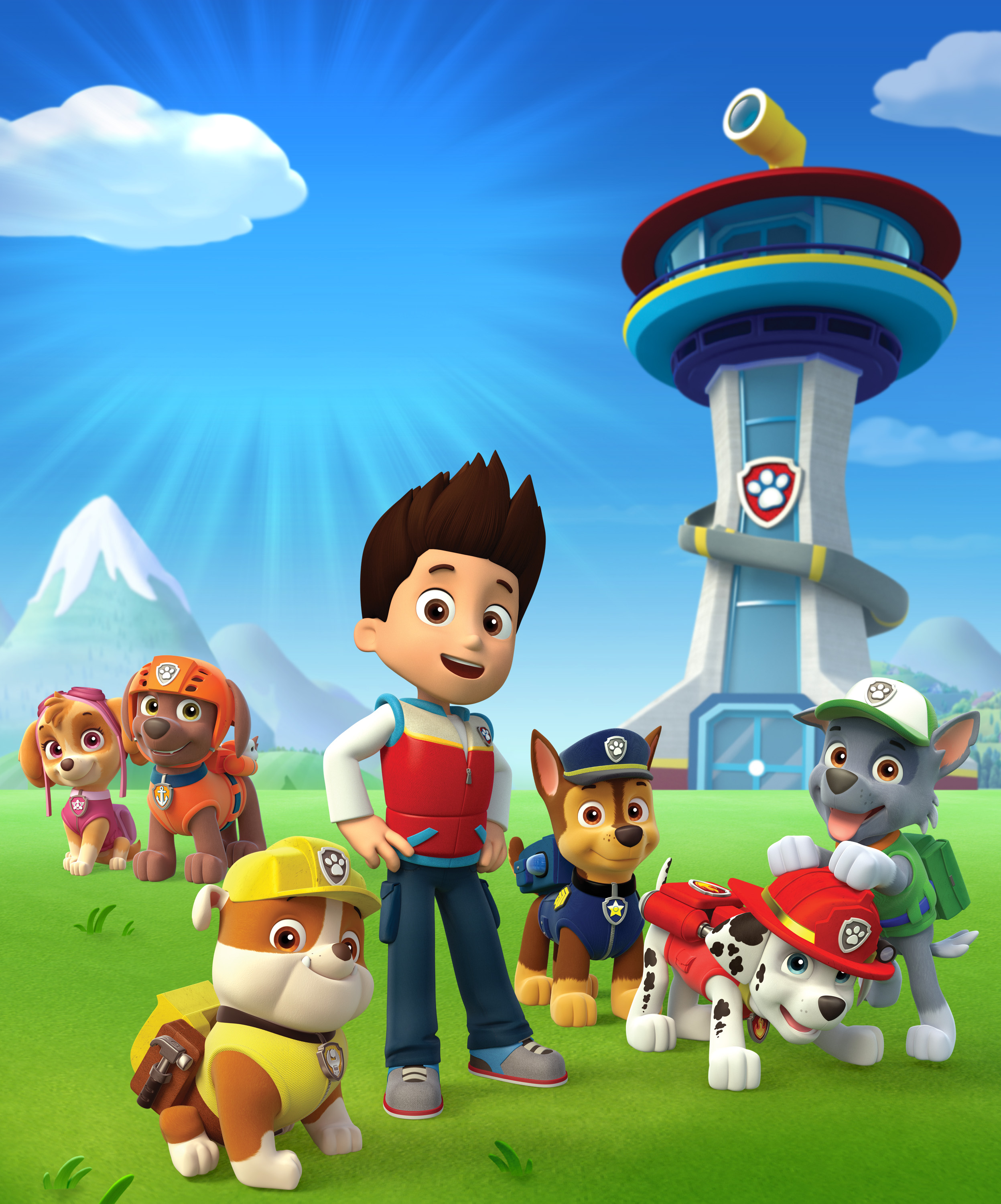 Pictured: (flying) Skye, (l-r) Zuma, Rubbble, Chase, Ryder, Marshall and Rocky in PAW PATROL on NICKELODEON