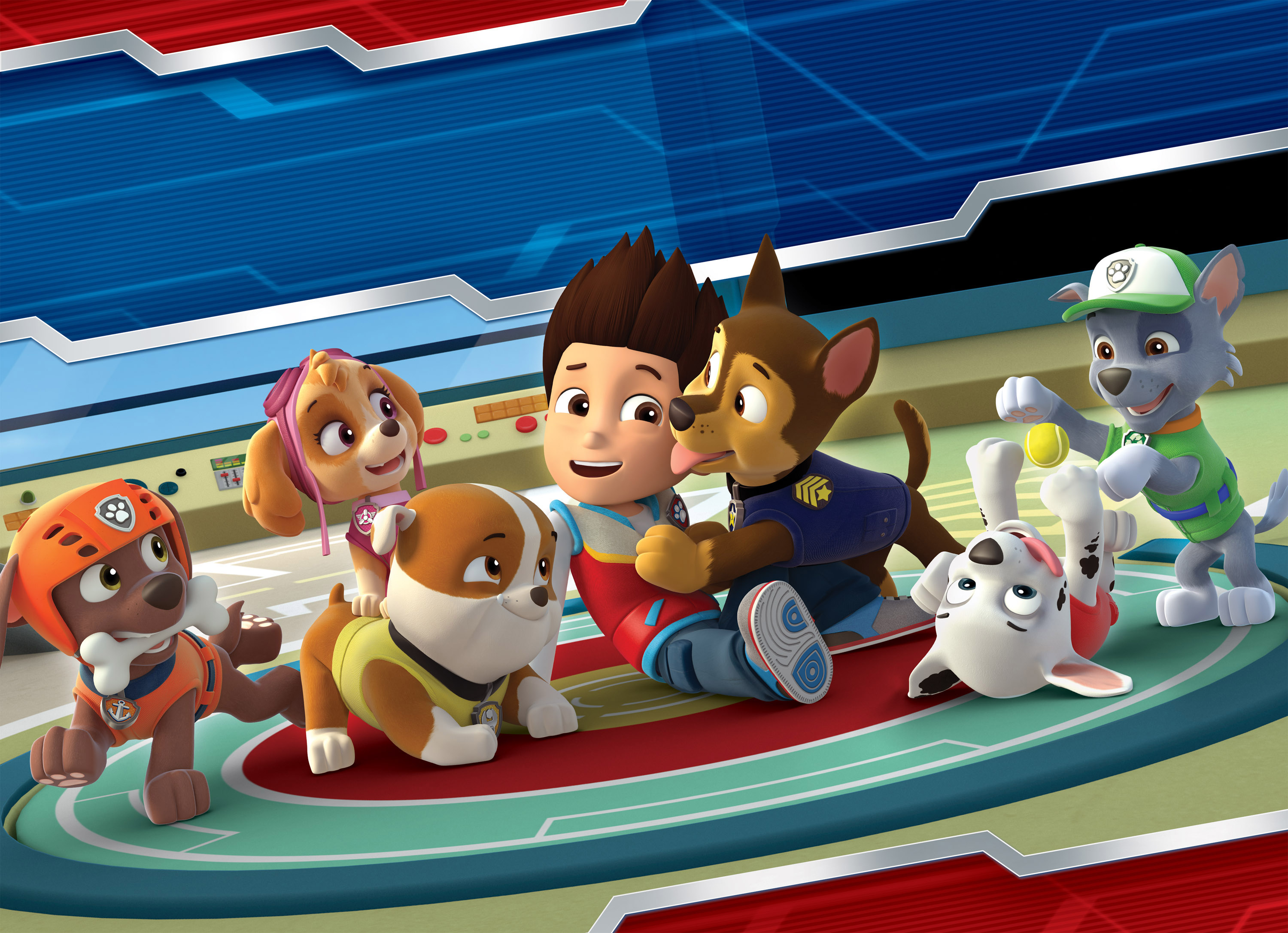 Pictured: (l-r) Skye, Zuma, Rubbble, Ryder, Chase, Marshall and Rodcky in PAW PATROL on NICKELODEON