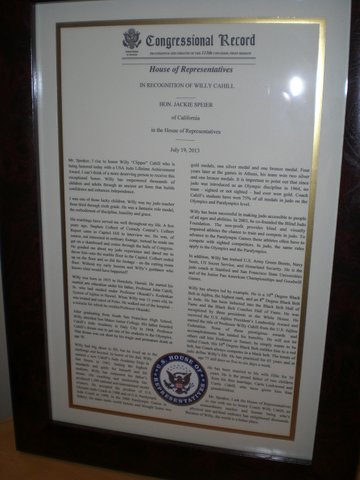 Congressional Record Recorded in US House of Representatives Honoring Willy Cahill and his contribution to the world of Judo