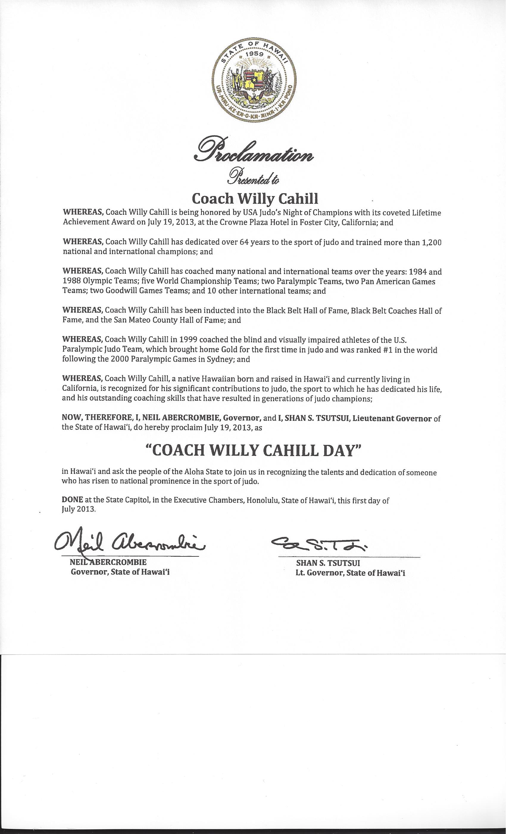 Governor and Lt. Governor of Hawaii Proclamation Declaring July 19, 2013 as "Coach Willy Cahill Day"