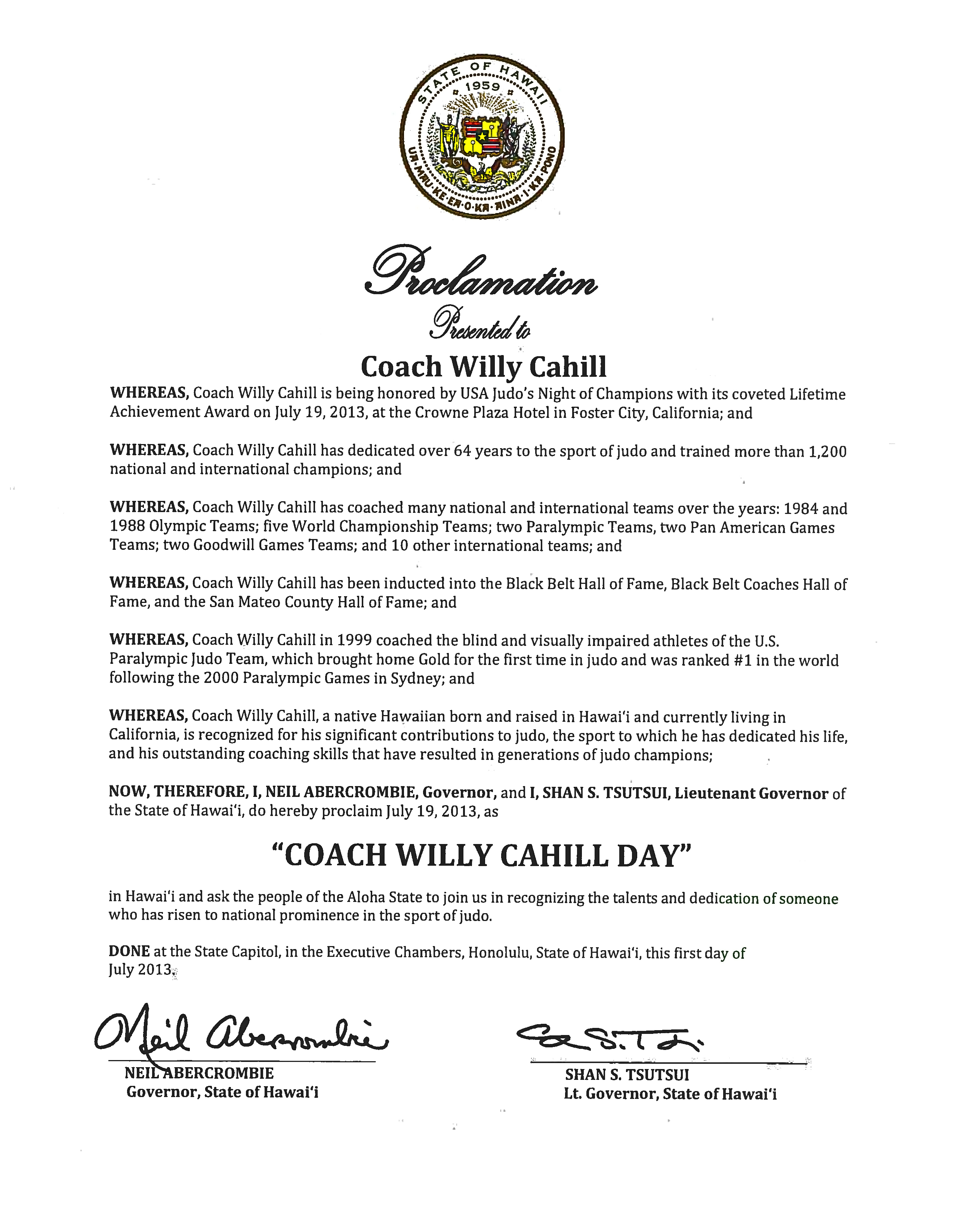 Hawaiian Proclamation - Coach Willy Cahill Day