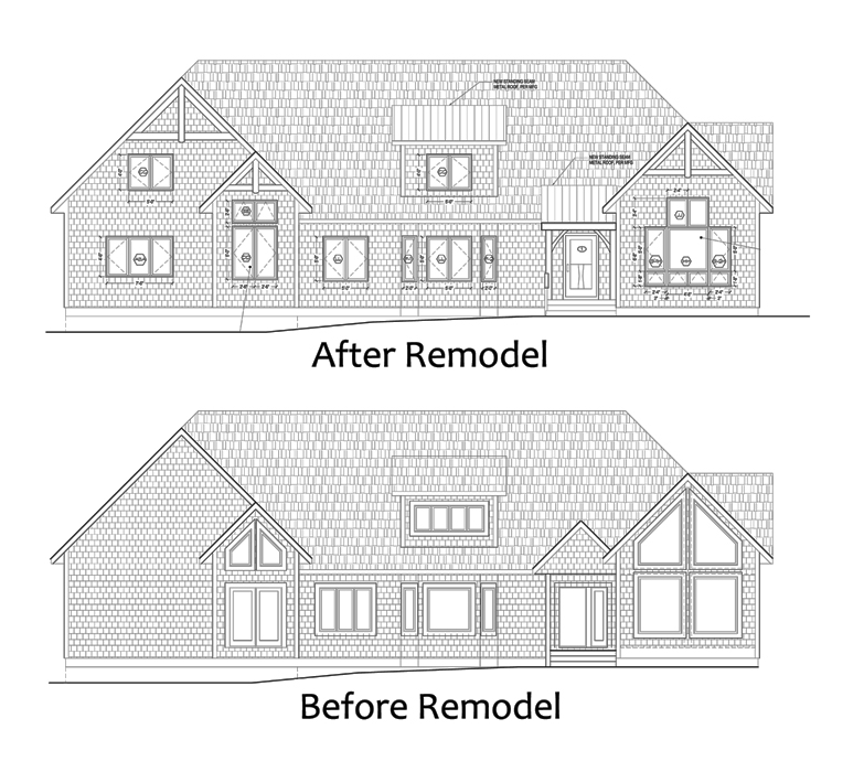 The remodel of an existing Oregon timber frame home includes a new façade, additional trusses and timber elements, and a refreshed, open floor plan.