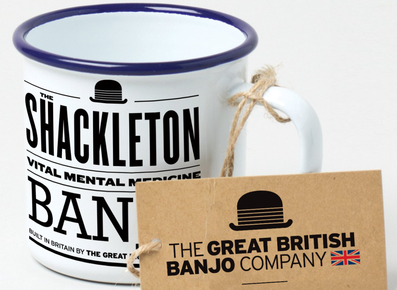 TEnamel mug with visual identity of The Shackleton banjo from The Great British Banjo Company.
