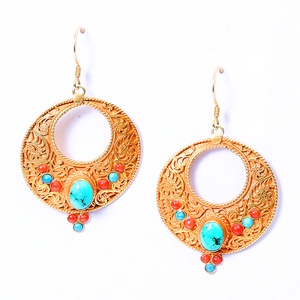 Filigree Turquoise Hoops by Megha Jewelry. Sterling silver with micron gold plating, turquoise, and coral.