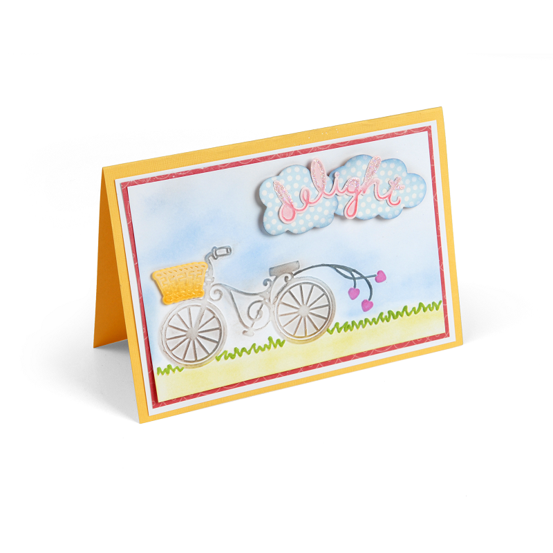 Crafters will enjoy creating cheerful DIY cards using the Delightful Bicycle Framelits Die Set with Textured Impressions Embossing Folders from the “A Little of This & That” collection by Sizzix.