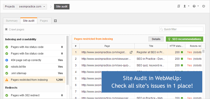Launch WebMeUp Site Audit module to check your on page SEO issues