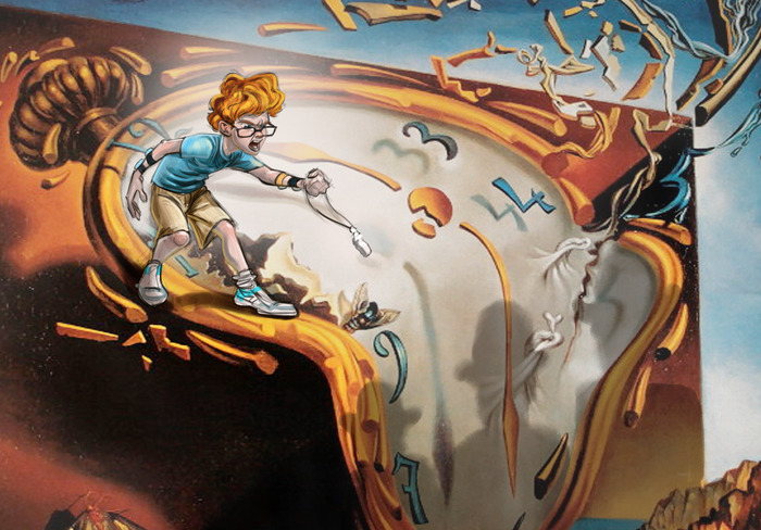 'Art Story' concept image -  Walt takes on the bad guys atop one of Dali's melting clocks!