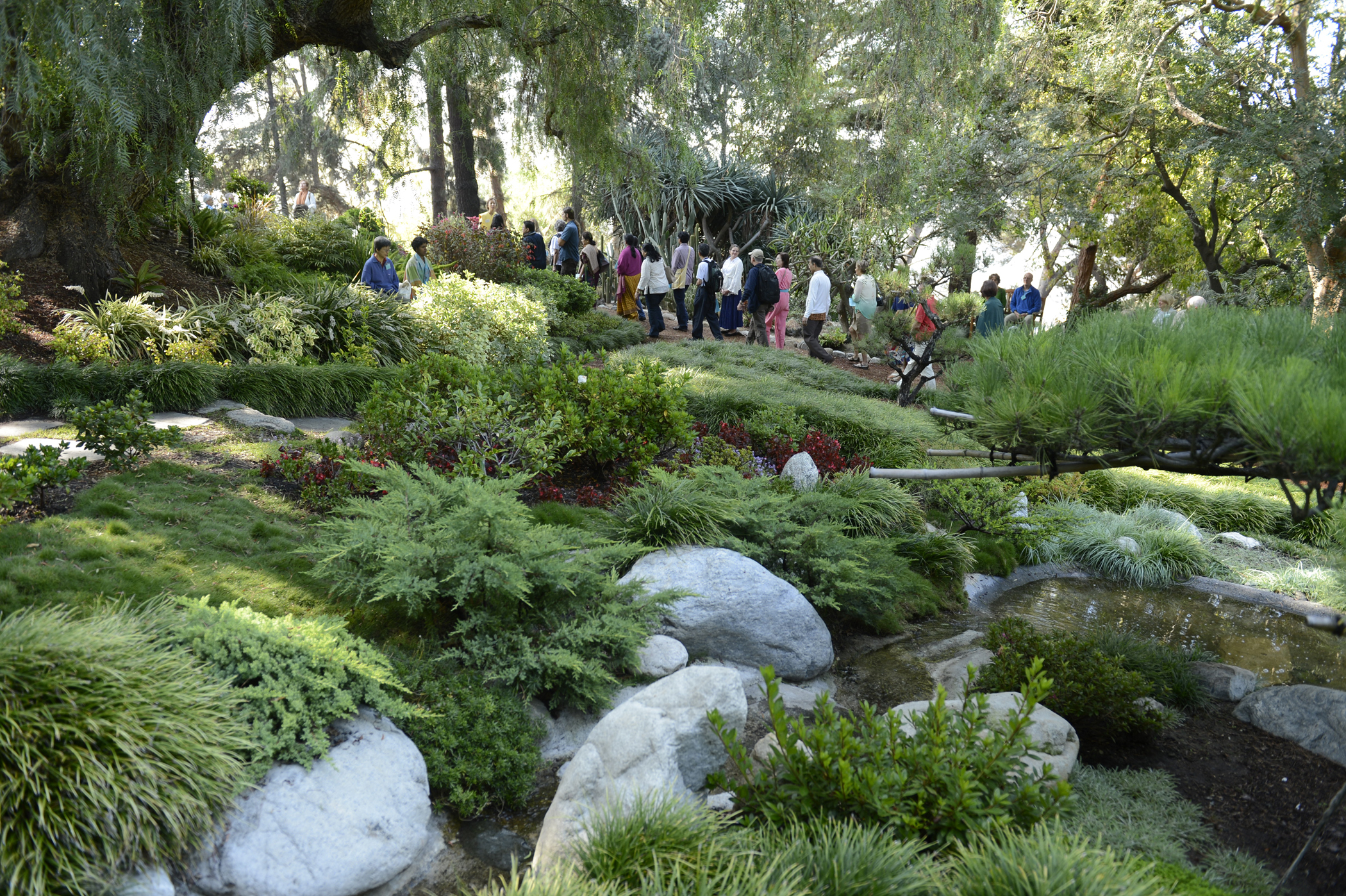 Pilgrimage visitors in meditation gardens at SRF headquarters