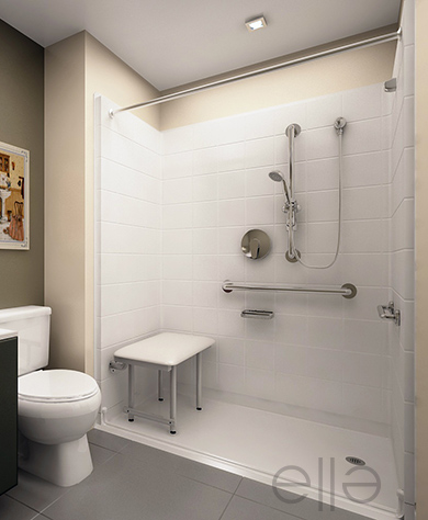 Wheelchair accessible shower stall with seat