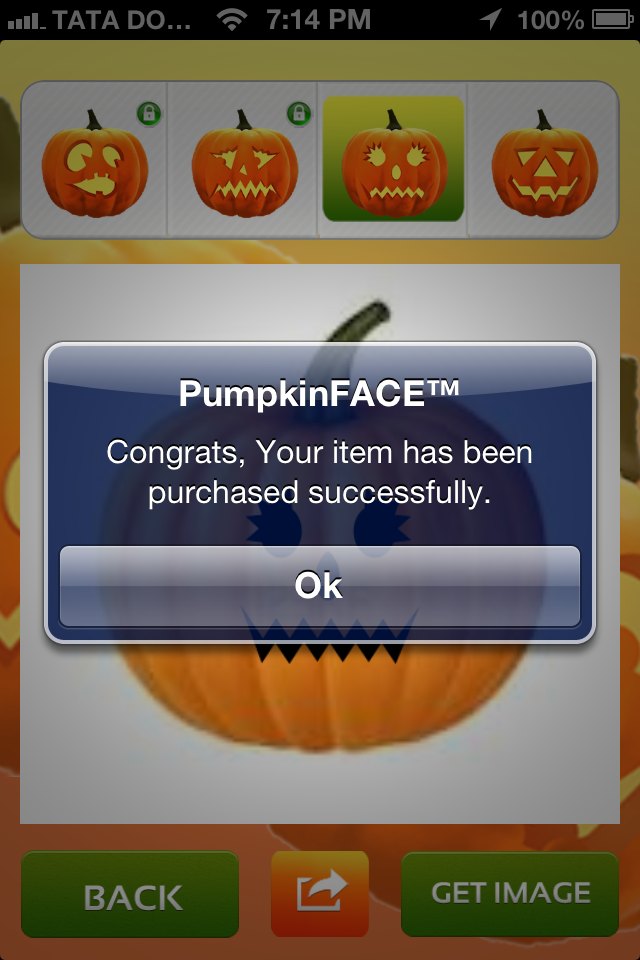 PumpkinFACE confirms your in-app purchase