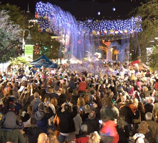 "More than 10,000 inflatable beach balls shower thousands as the crowd prepares to welcome the New Year at Pier Park's Annual Beach Ball Drop."