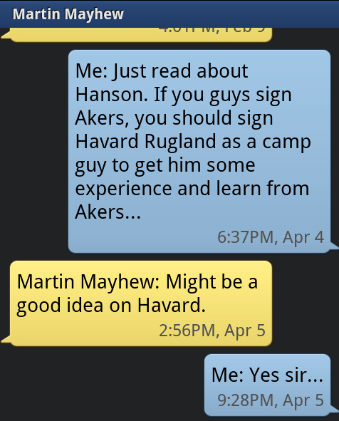 Text with Lions GM Martin Mayhew