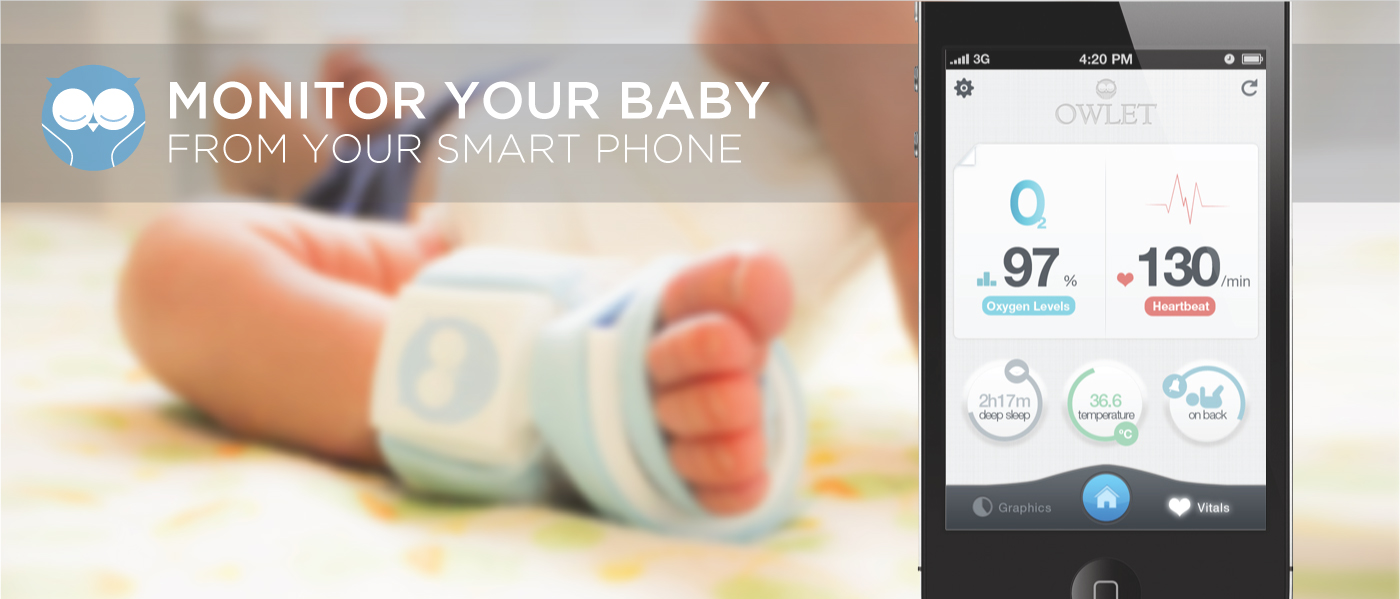 The Owlet Vitals Monitor transmitting heart rate and oxygen levels to smartphone.