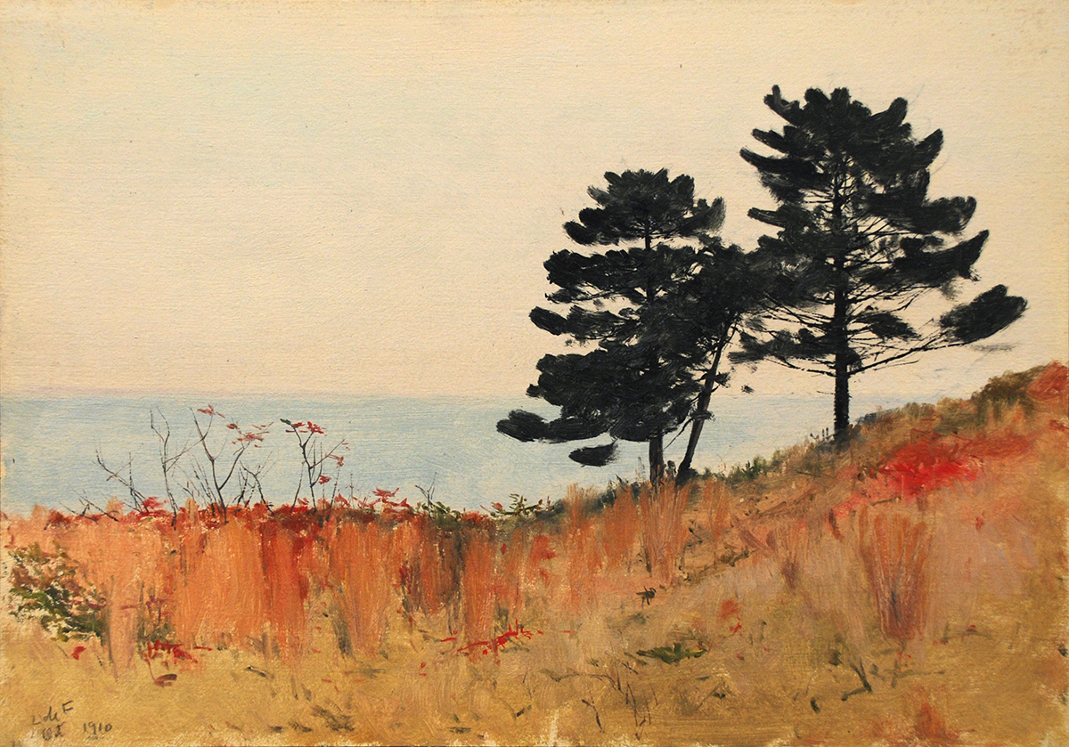 Lockwood de Forrest: Two Pines, Carmel, 1910, oil on artist's card stock, 9.75" x 1.87"