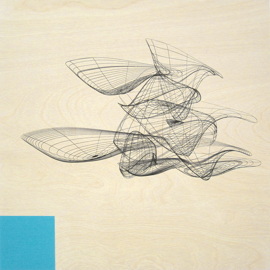 Wireframe With Blue Square, 2013. Acrylic and pigment transfer with liquid polymer on birch panel, 12 x 12 inches. Private collection, Honolulu HI