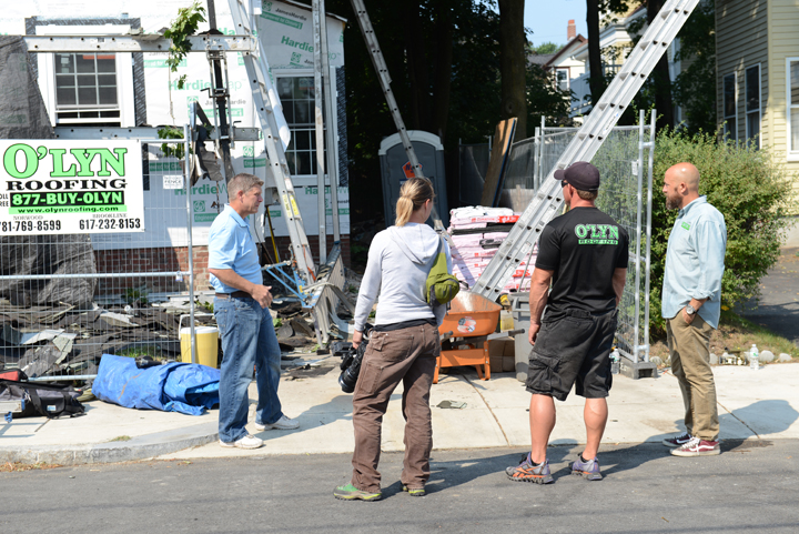 O'LYN Roofing working on the set of "Flipping Boston".