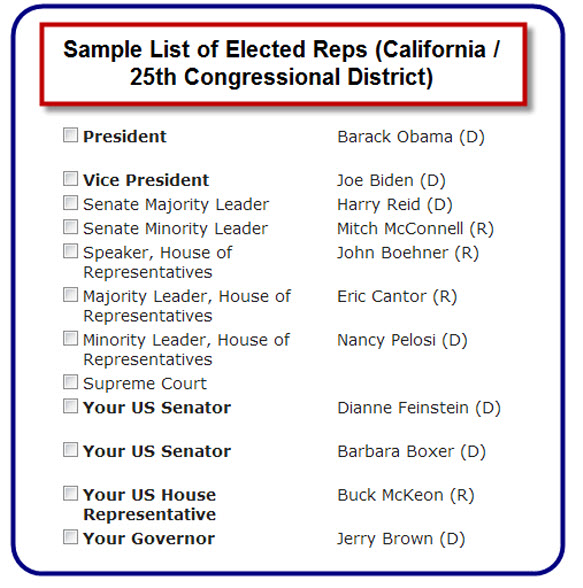 Sample List of Elected Reps Including House and Senate Leadership