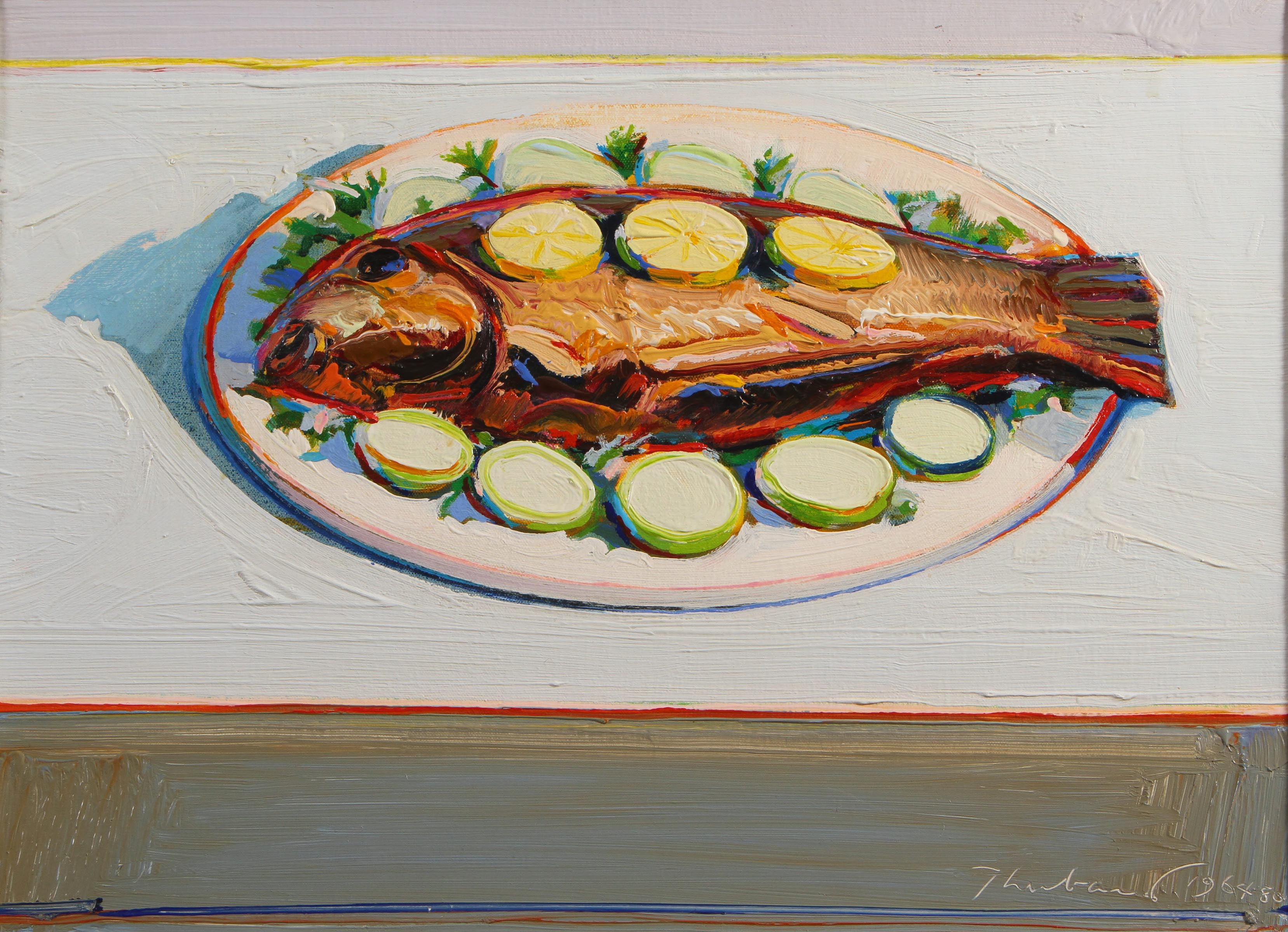 Wayne Thiebaud, "Fish Platter," 1964-80, Oil paints on canvas. Image courtesy VAGA.