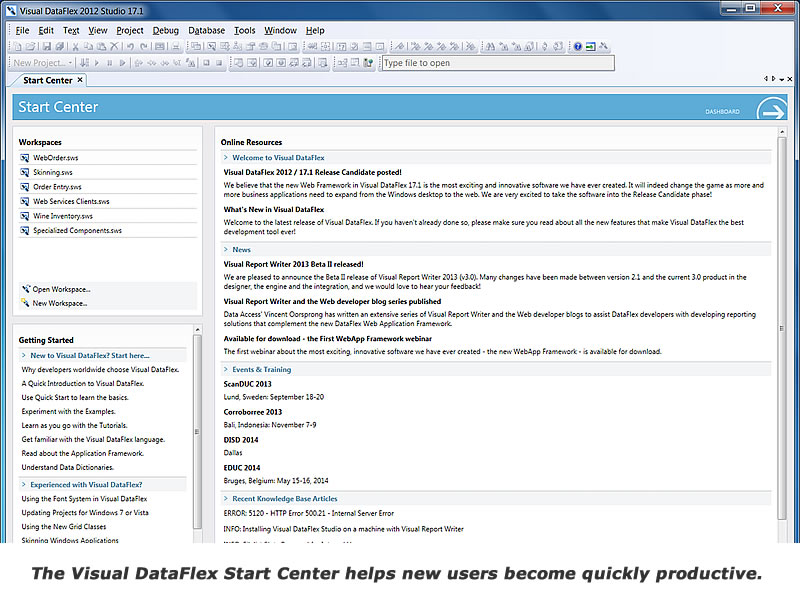Visual DataFlex 2012/17.1 Start Center.