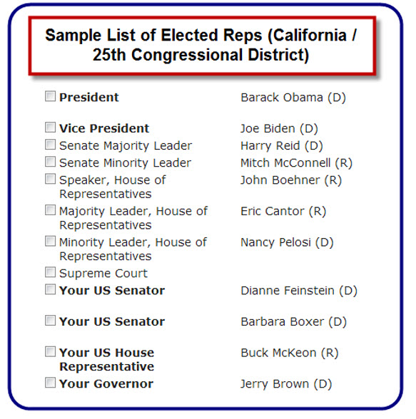 Sample of a user's personal list of elected reps including House and Senate Leadership.